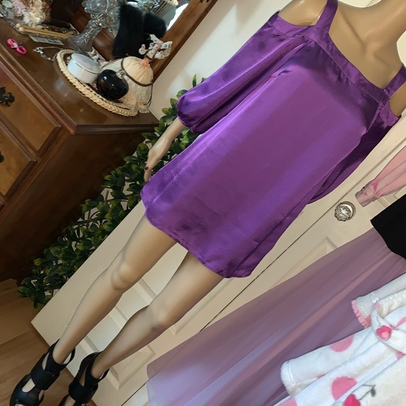 Purple cold shoulder silky draped tunic babydoll top S M - Picture 6 of 8